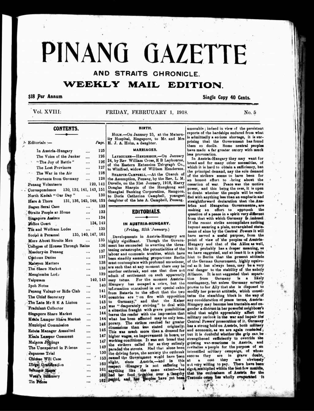 Miniature of Pinang Gazette and Straits Chronicle Weekly Mail Edition 01 February 1918