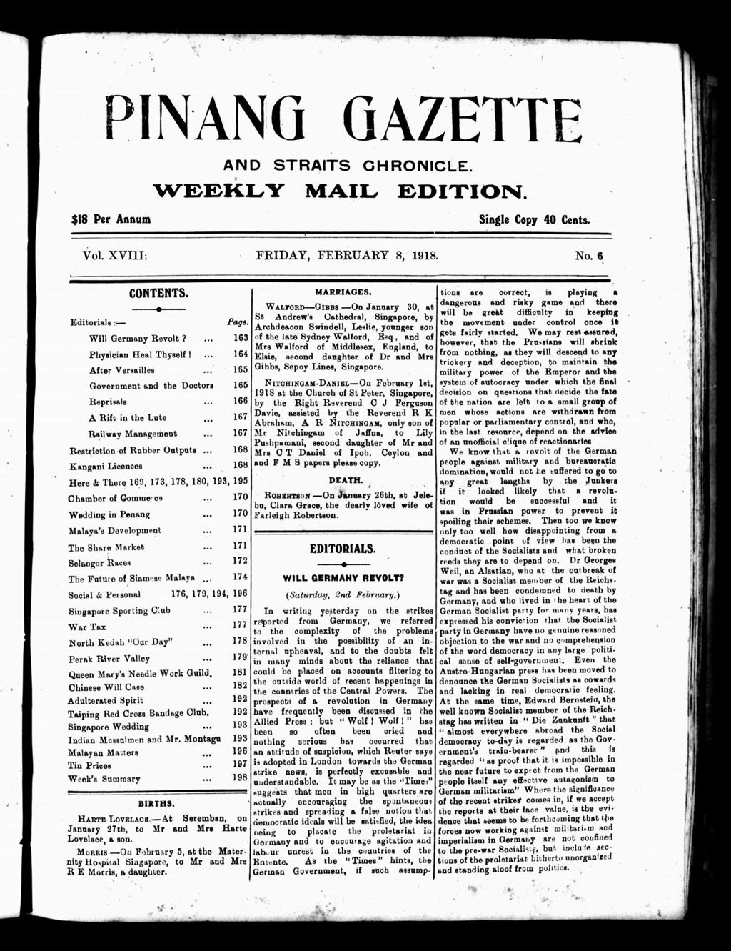 Miniature of Pinang Gazette and Straits Chronicle Weekly Mail Edition 08 February 1918