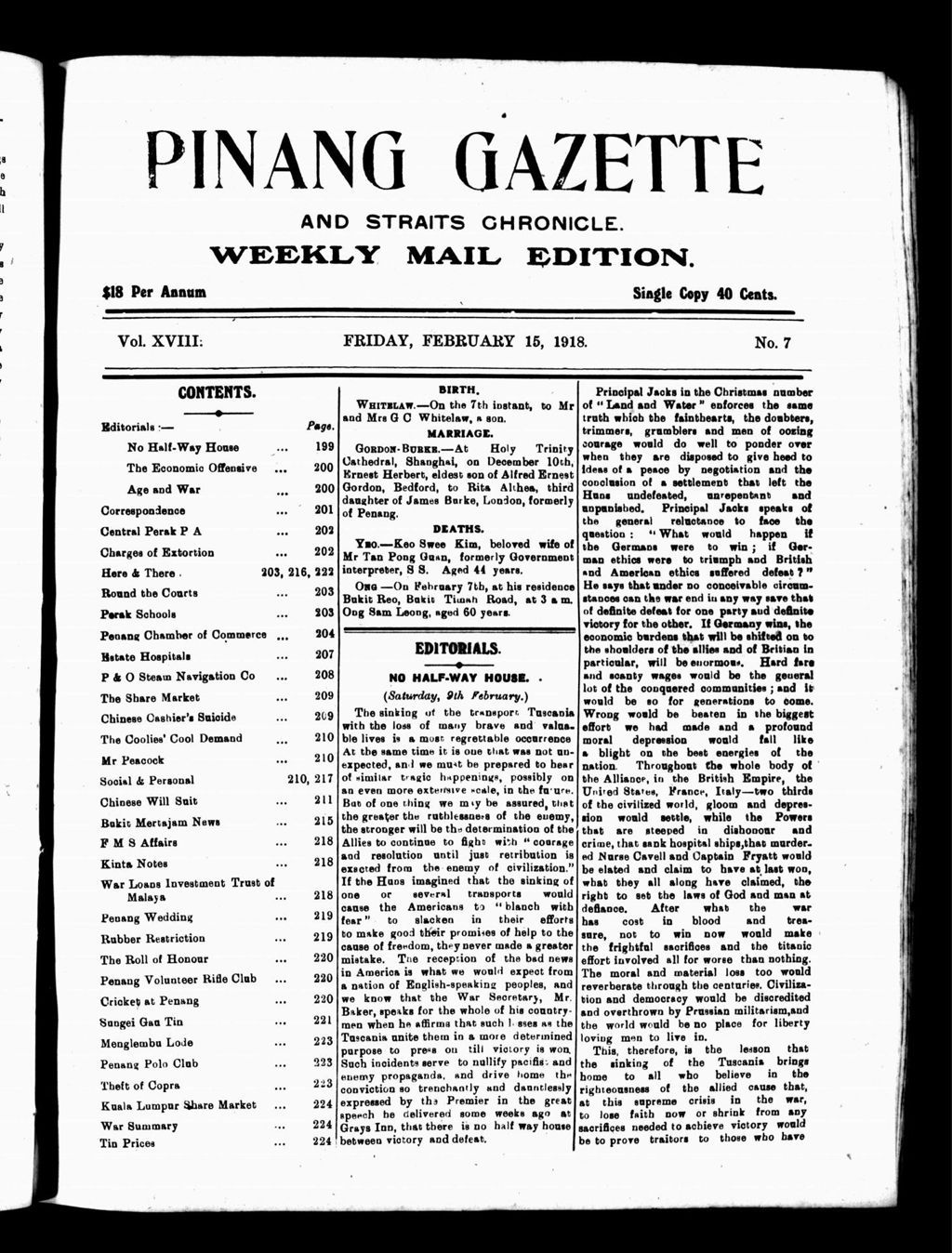 Miniature of Pinang Gazette and Straits Chronicle Weekly Mail Edition 15 February 1918