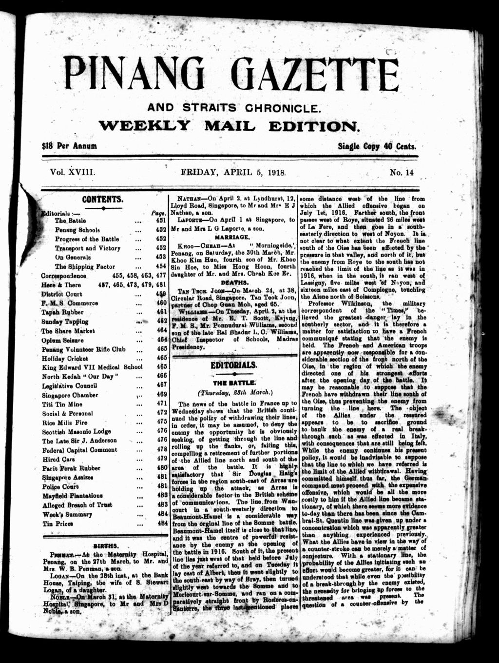 Miniature of Pinang Gazette and Straits Chronicle Weekly Mail Edition 05 April 1918