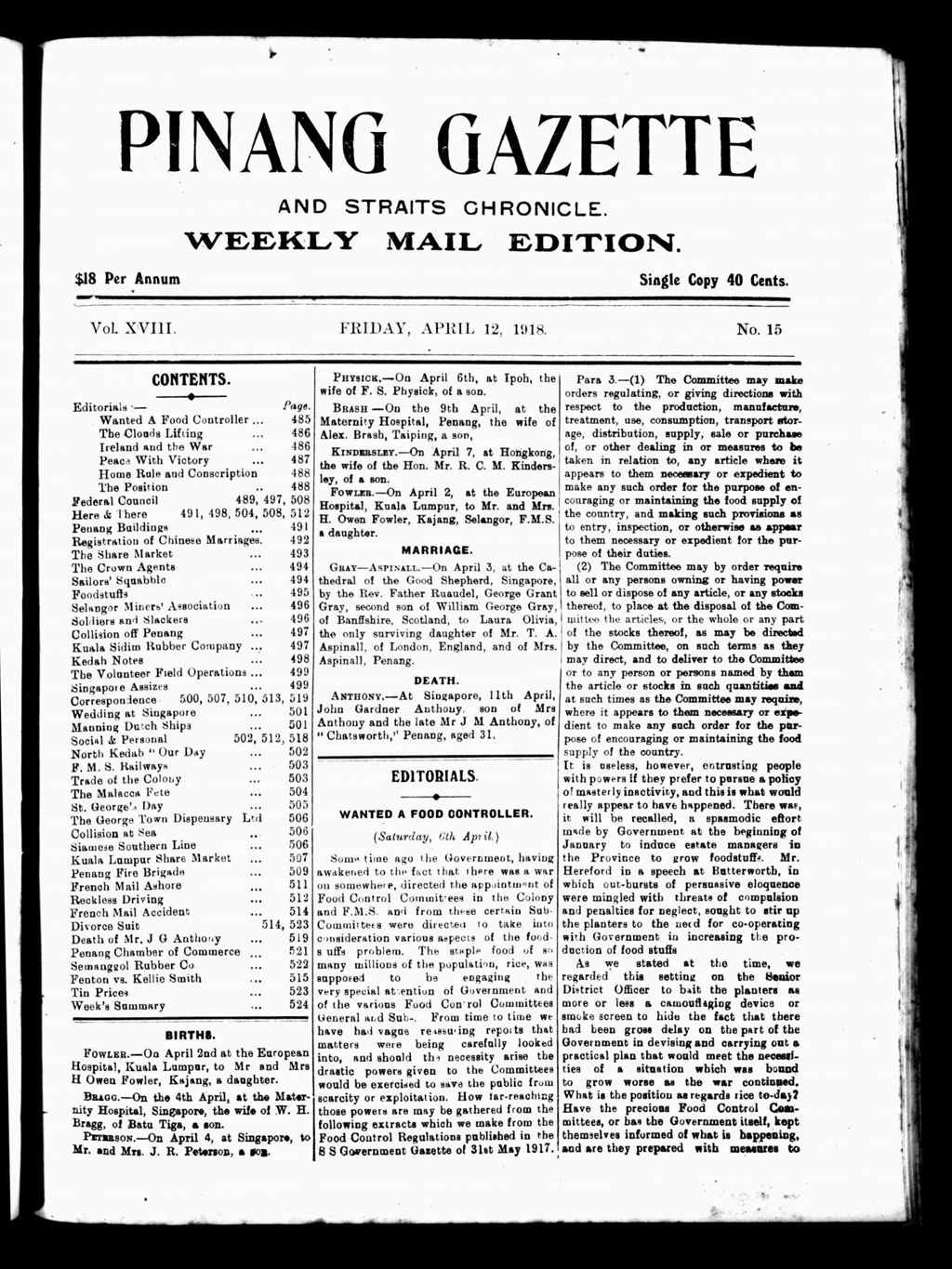 Miniature of Pinang Gazette and Straits Chronicle Weekly Mail Edition 12 April 1918