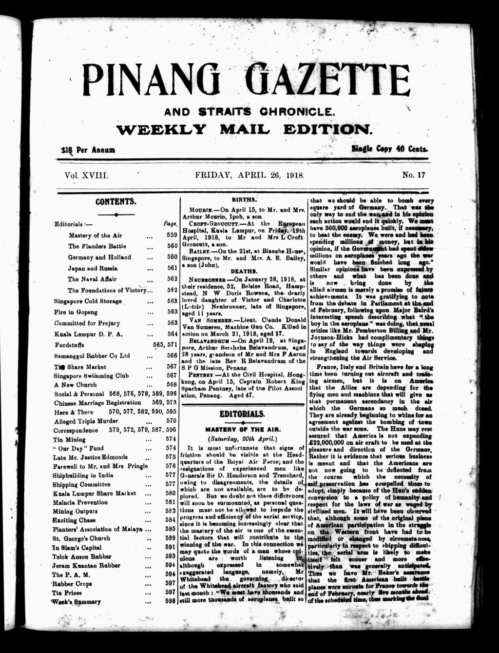 Miniature of Pinang Gazette and Straits Chronicle Weekly Mail Edition 26 April 1918