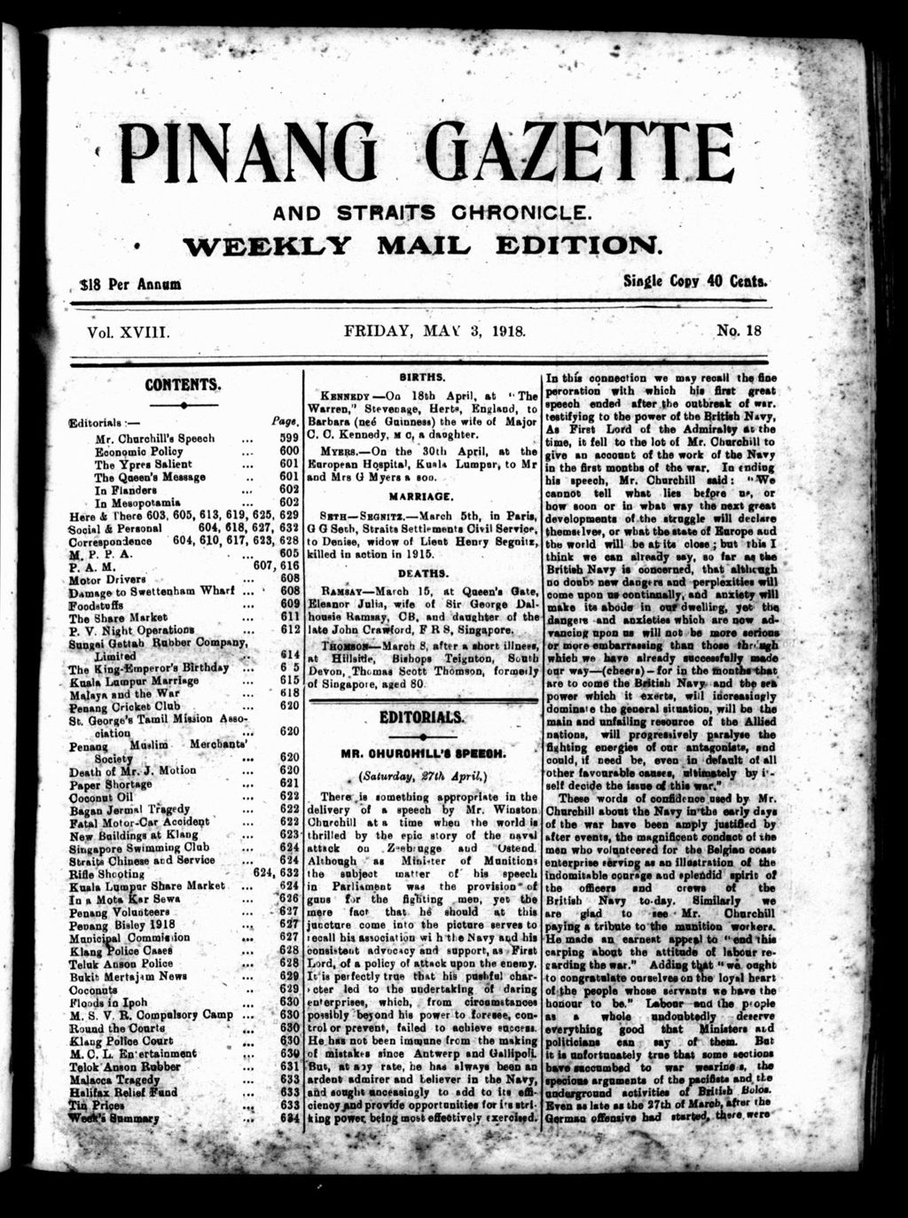 Miniature of Pinang Gazette and Straits Chronicle Weekly Mail Edition 03 May 1918