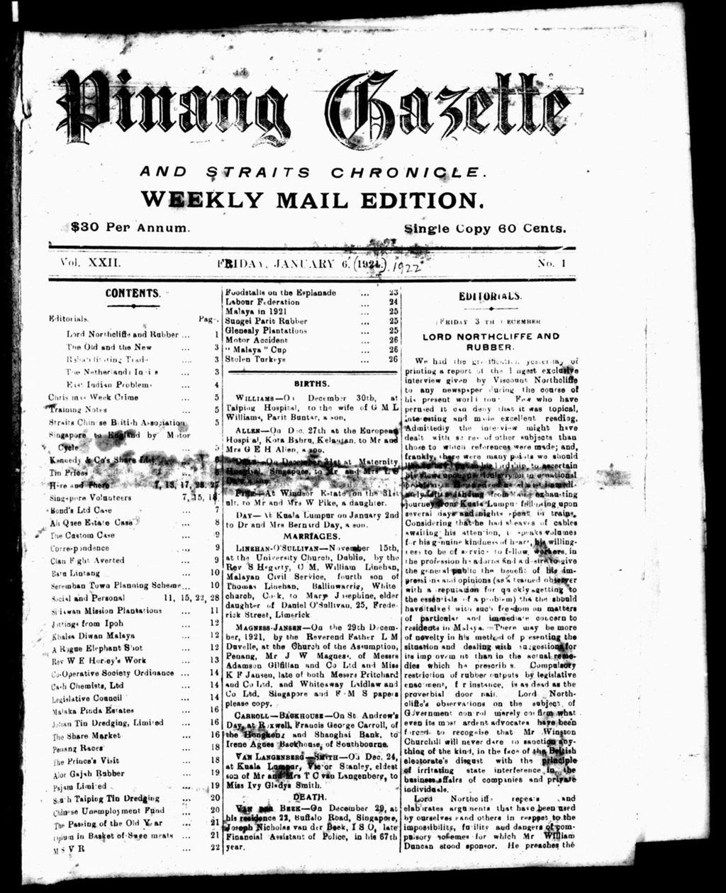 Miniature of Pinang Gazette and Straits Chronicle Weekly Mail Edition 06 January 1922