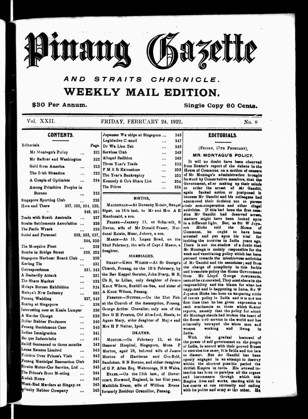 Miniature of Pinang Gazette and Straits Chronicle Weekly Mail Edition 24 February 1922