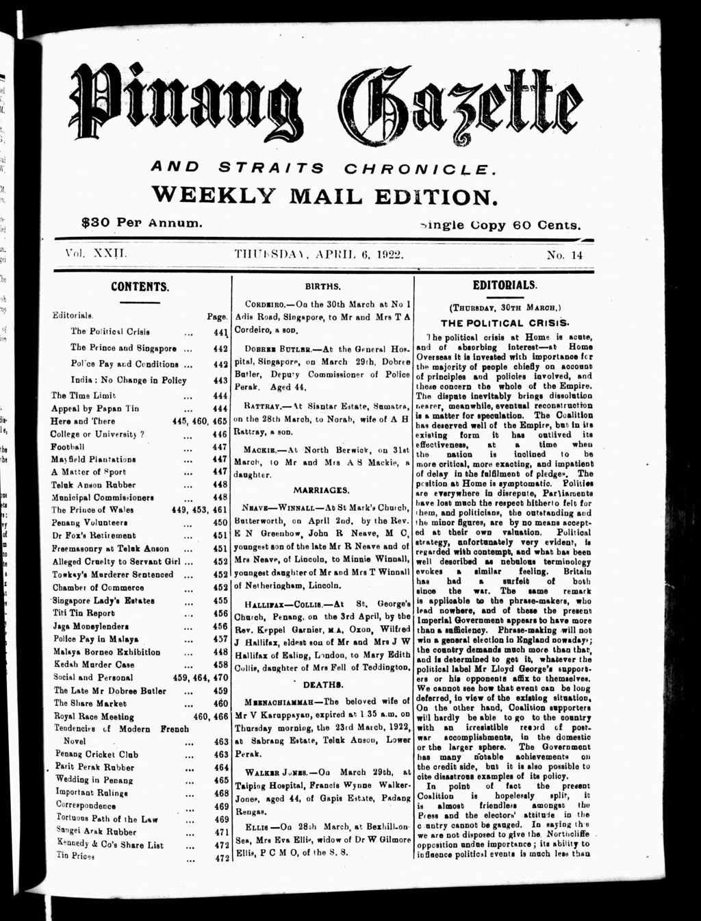 Miniature of Pinang Gazette and Straits Chronicle Weekly Mail Edition 06 April 1922