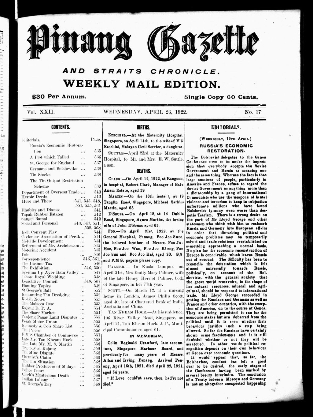 Miniature of Pinang Gazette and Straits Chronicle Weekly Mail Edition 26 April 1922