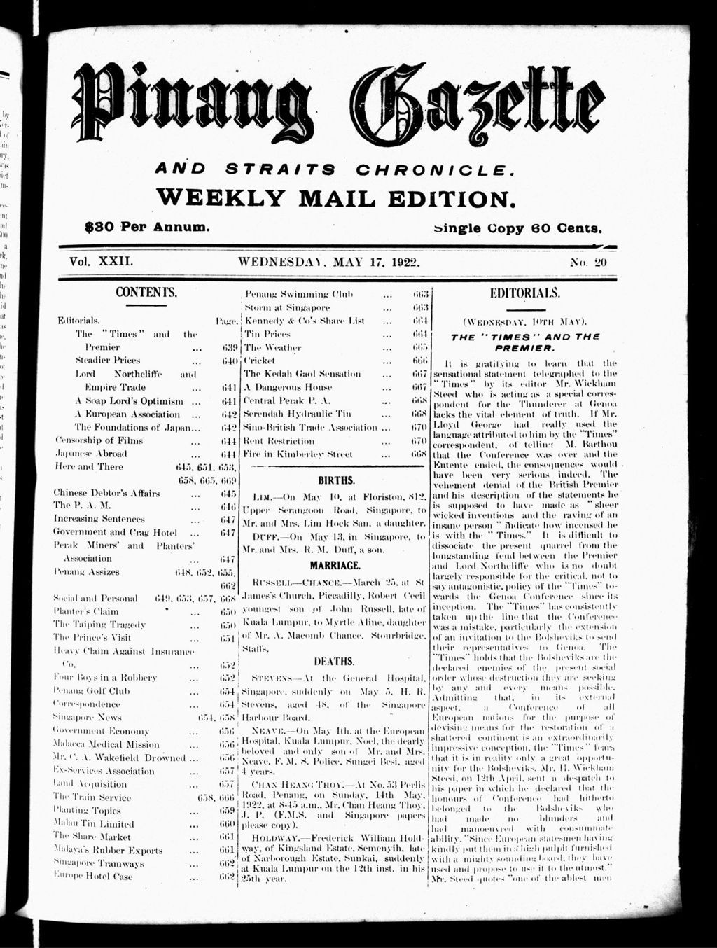 Miniature of Pinang Gazette and Straits Chronicle Weekly Mail Edition 17 May 1922