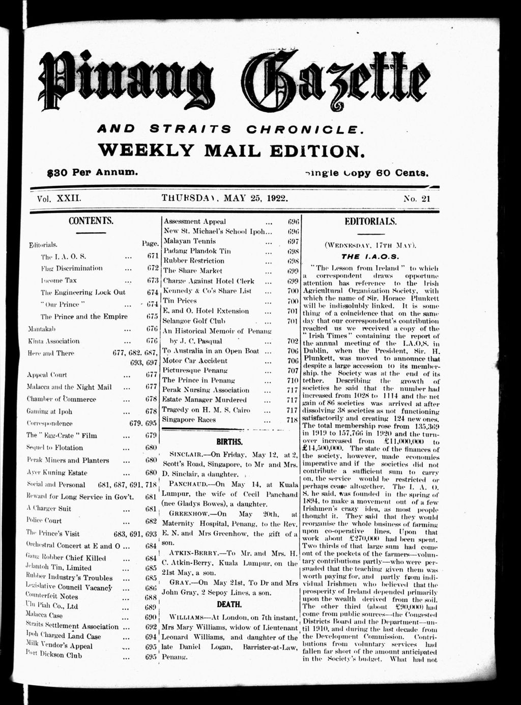 Miniature of Pinang Gazette and Straits Chronicle Weekly Mail Edition 25 May 1922