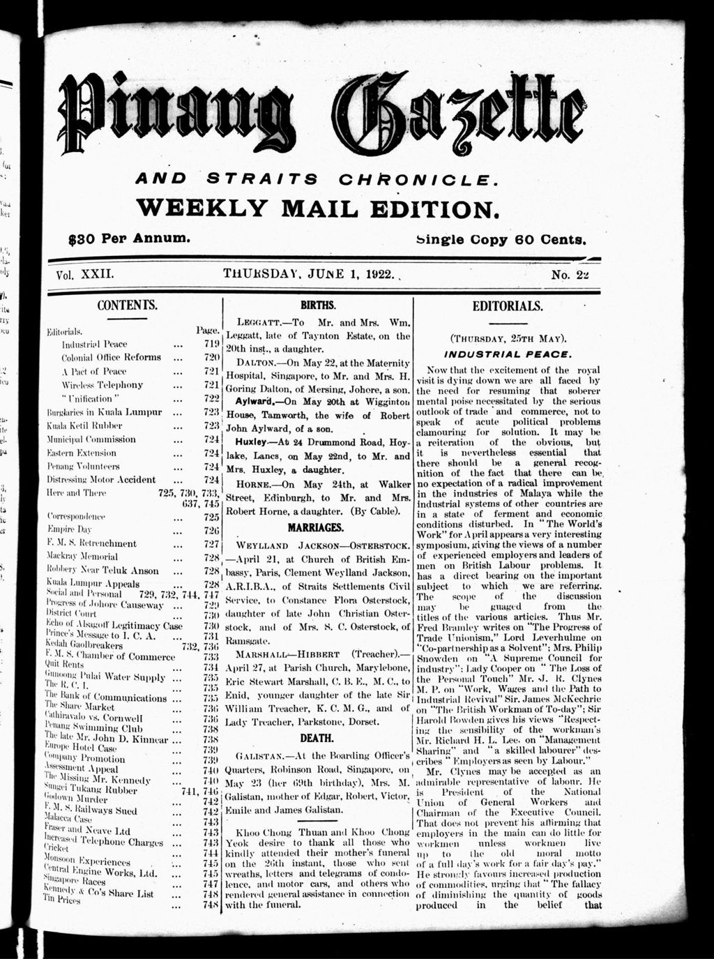 Miniature of Pinang Gazette and Straits Chronicle Weekly Mail Edition 01 June 1922