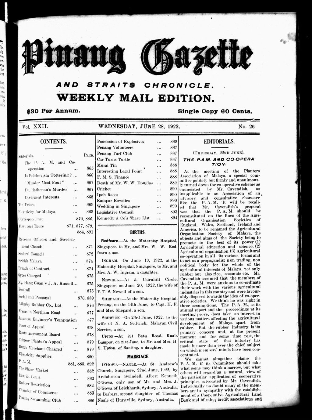 Miniature of Pinang Gazette and Straits Chronicle Weekly Mail Edition 28 June 1922