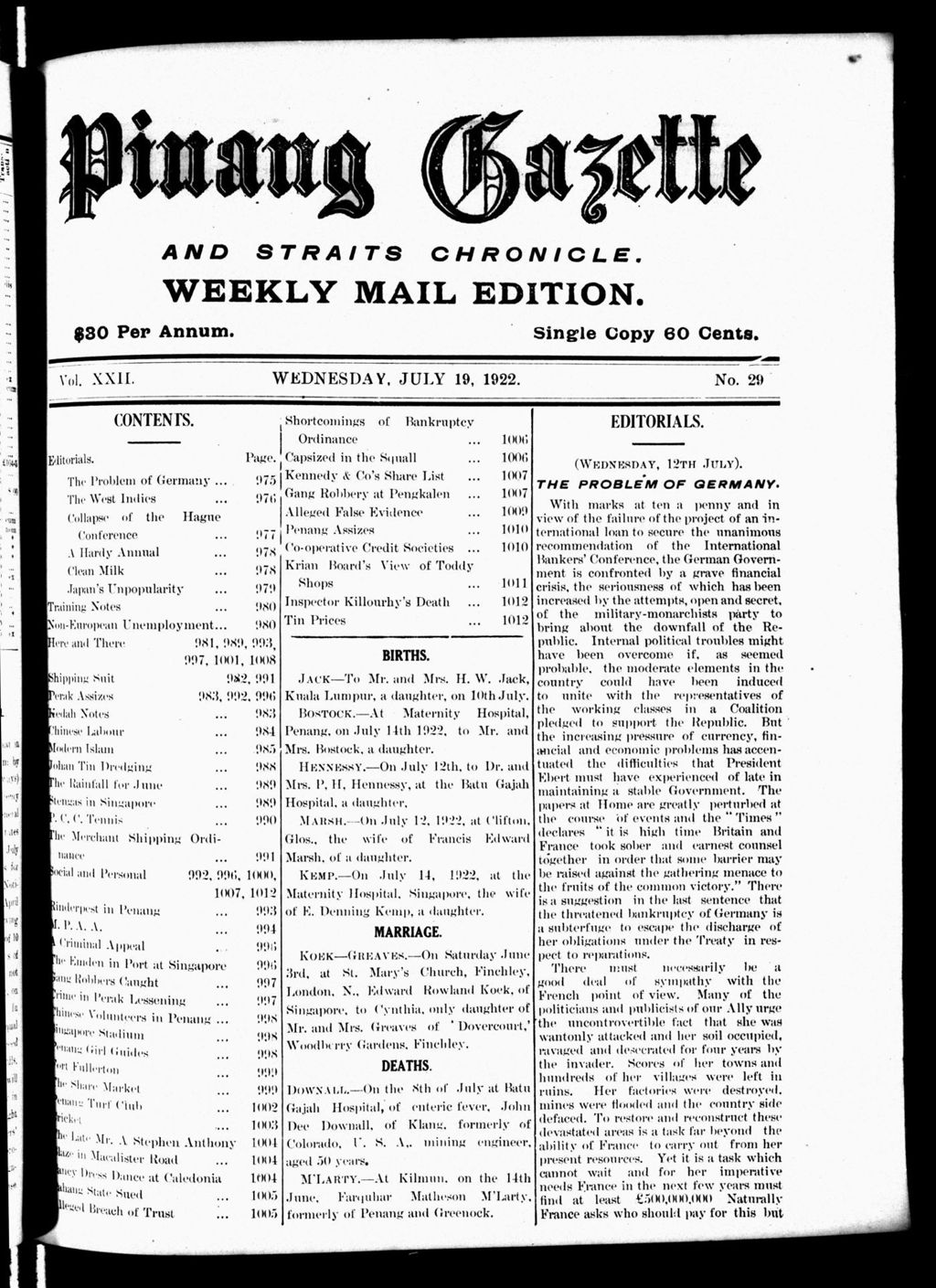 Miniature of Pinang Gazette and Straits Chronicle Weekly Mail Edition 19 July 1922