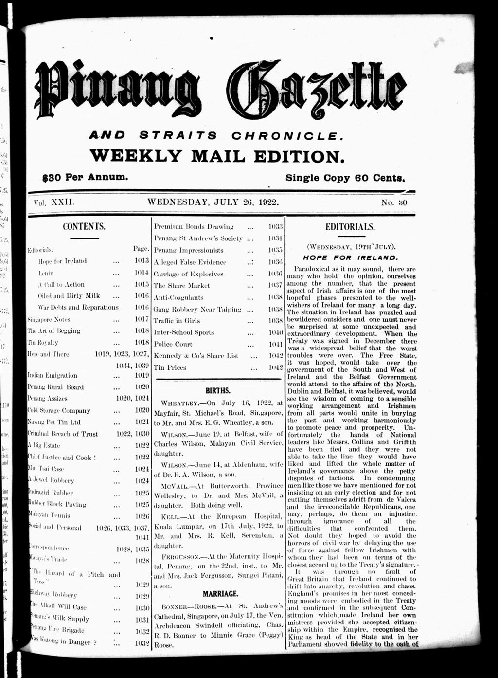 Miniature of Pinang Gazette and Straits Chronicle Weekly Mail Edition 26 July 1922