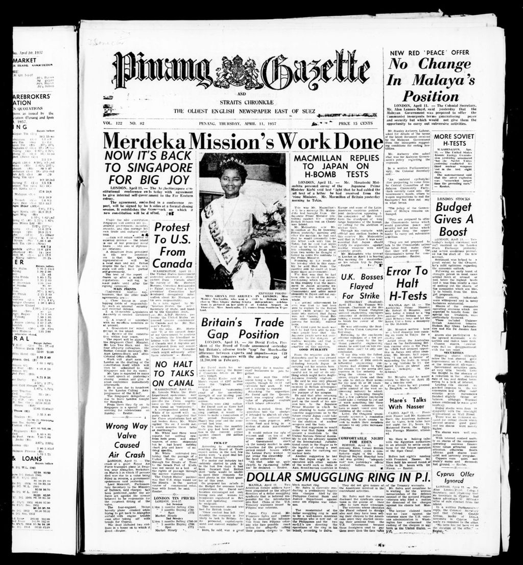 Miniature of Pinang Gazette and Straits Chronicle 11 April 1957