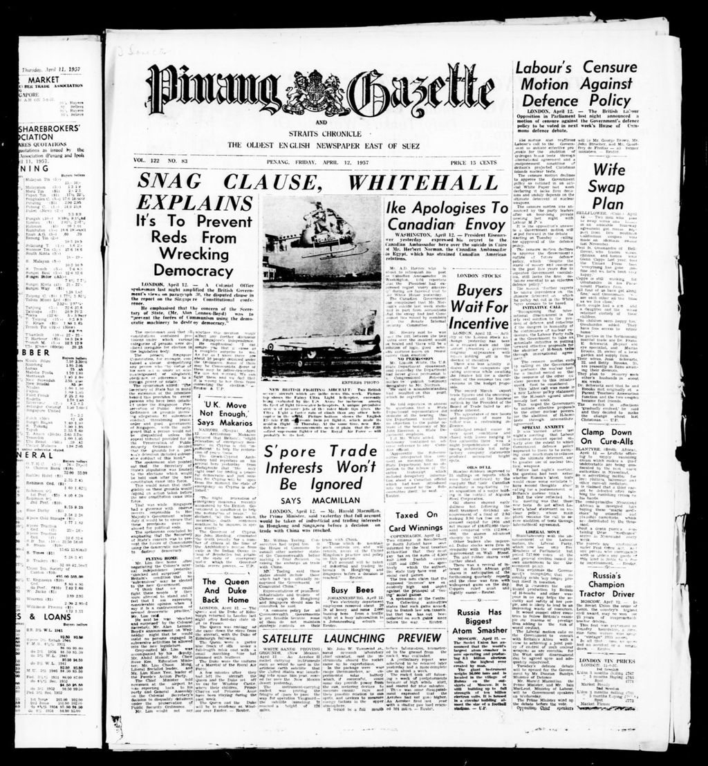 Miniature of Pinang Gazette and Straits Chronicle 12 April 1957