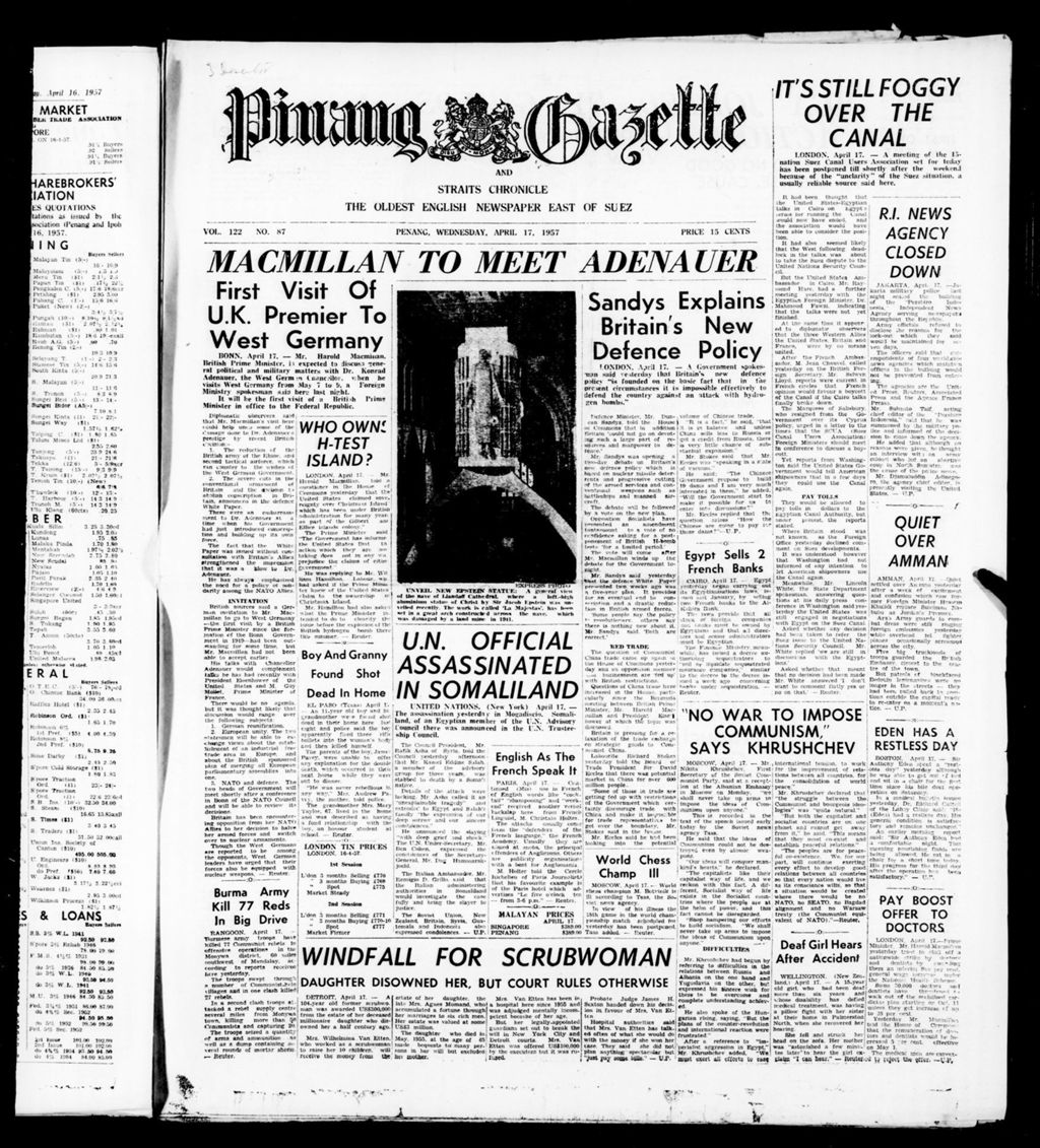 Miniature of Pinang Gazette and Straits Chronicle 17 April 1957