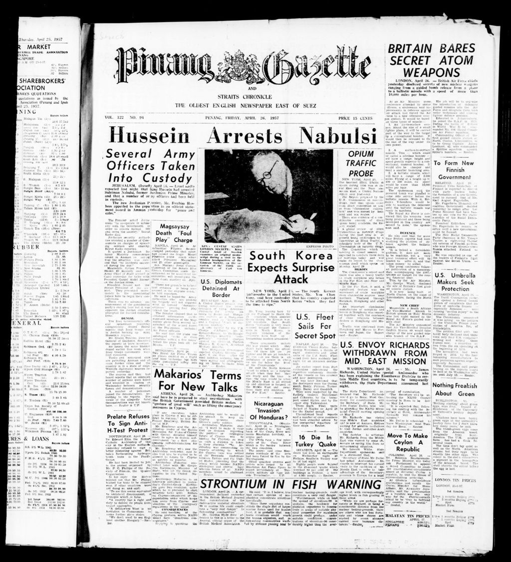 Miniature of Pinang Gazette and Straits Chronicle 26 April 1957