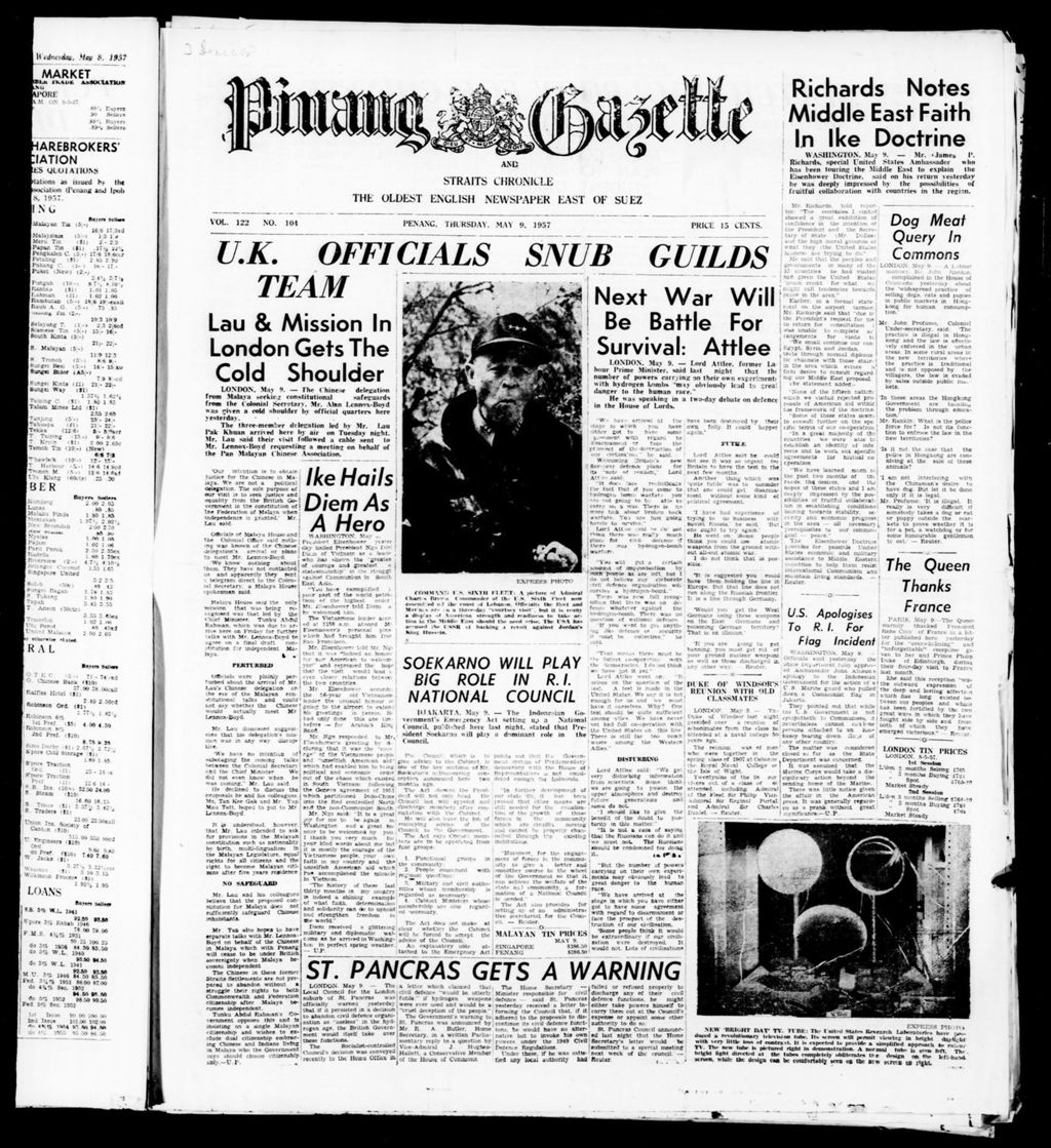 Miniature of Pinang Gazette and Straits Chronicle 09 May 1957