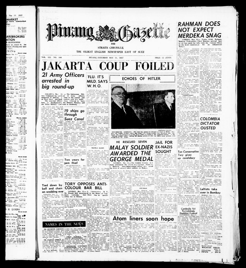 Miniature of Pinang Gazette and Straits Chronicle 11 May 1957