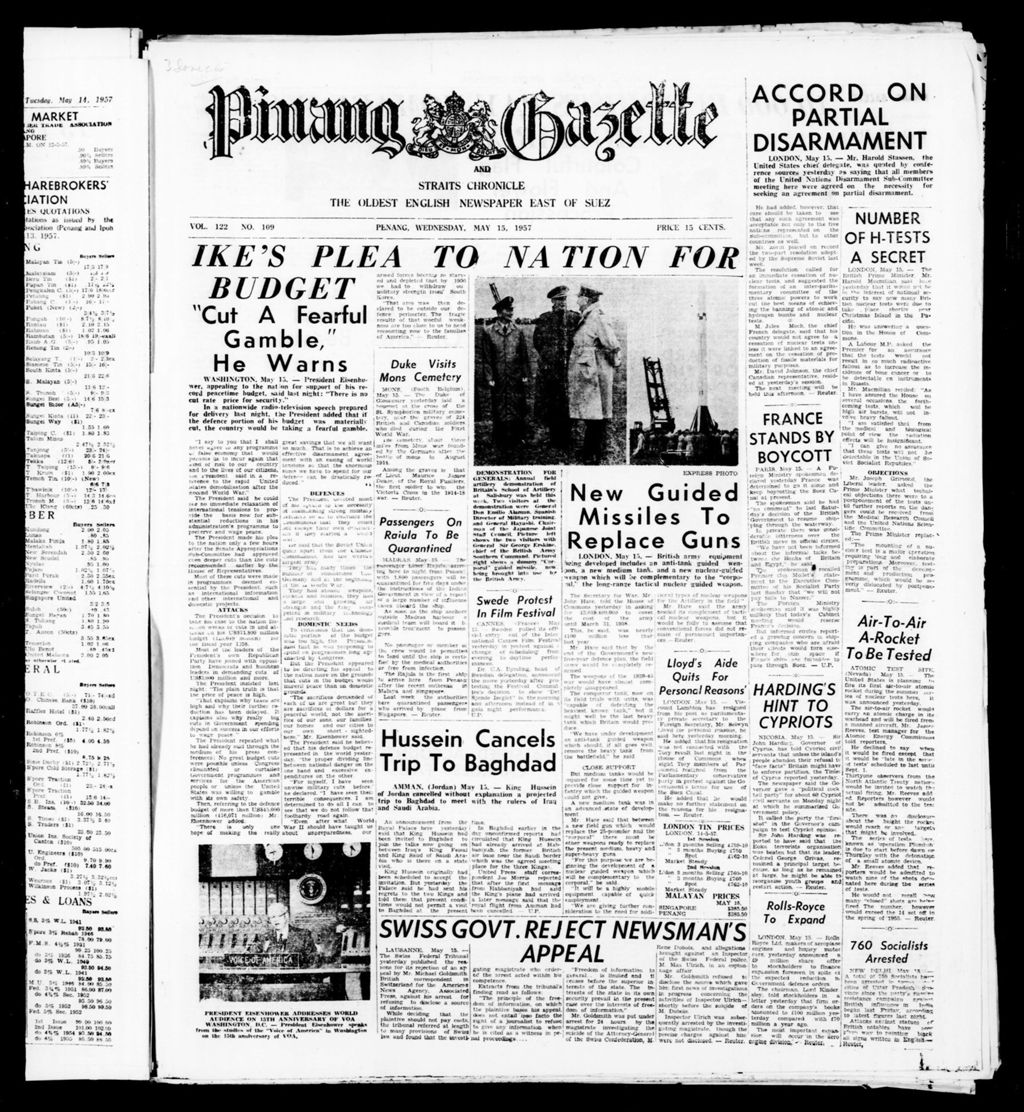 Miniature of Pinang Gazette and Straits Chronicle 15 May 1957