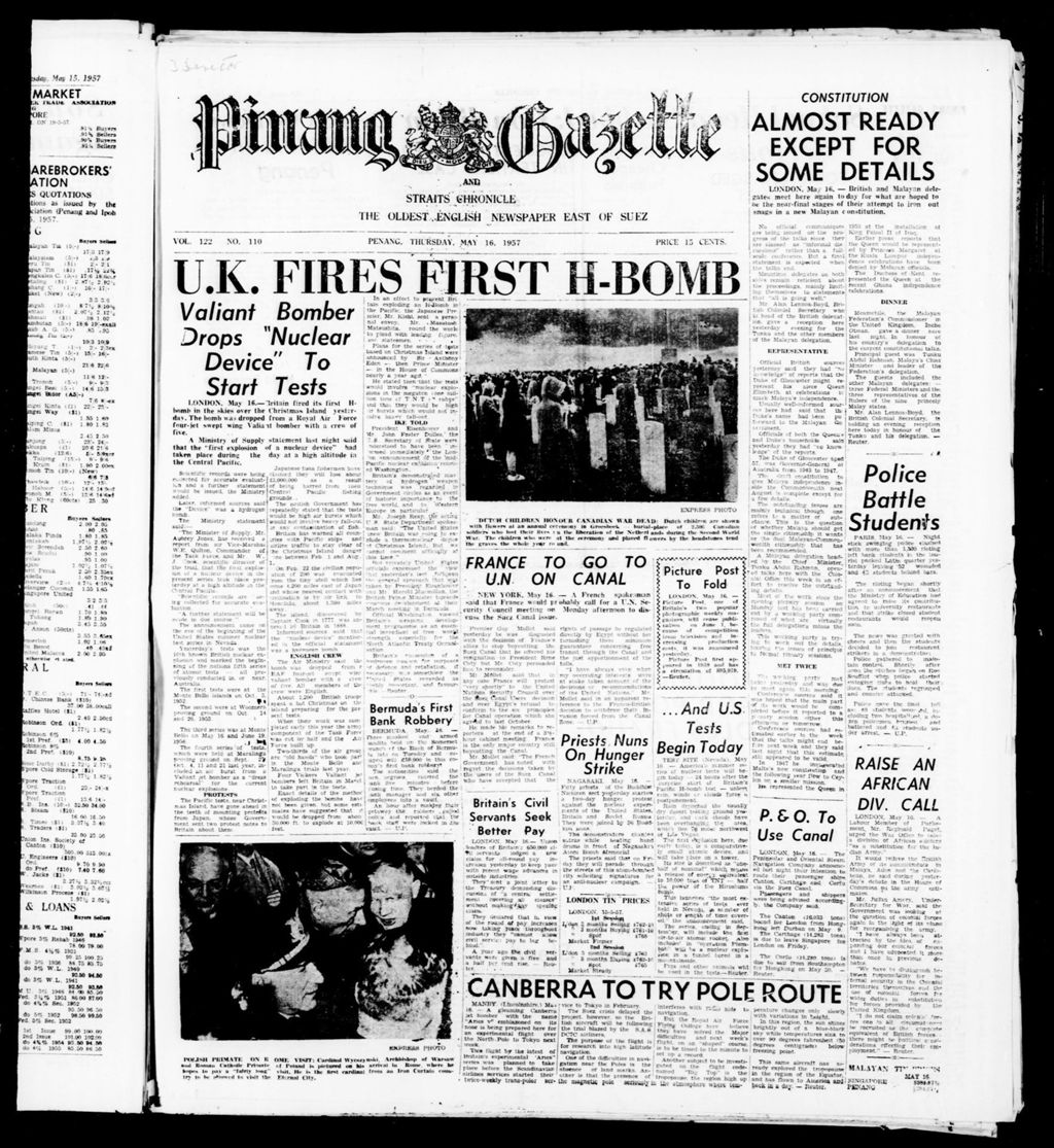 Miniature of Pinang Gazette and Straits Chronicle 16 May 1957