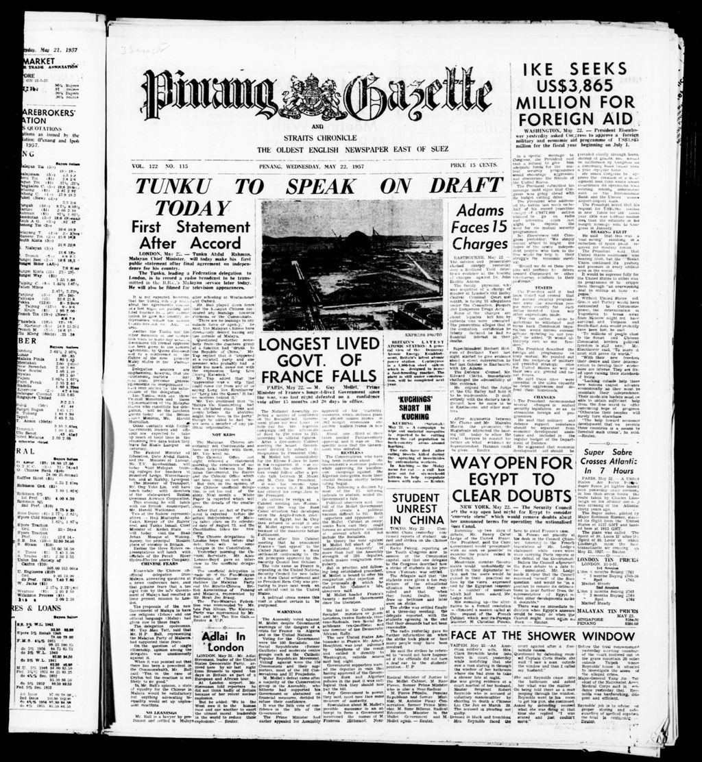 Miniature of Pinang Gazette and Straits Chronicle 22 May 1957