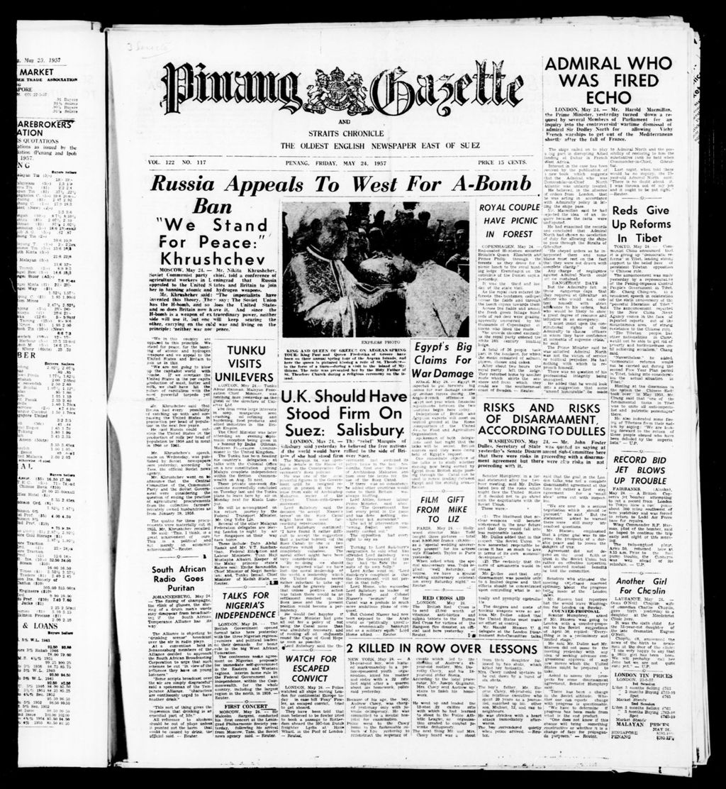 Miniature of Pinang Gazette and Straits Chronicle 24 May 1957