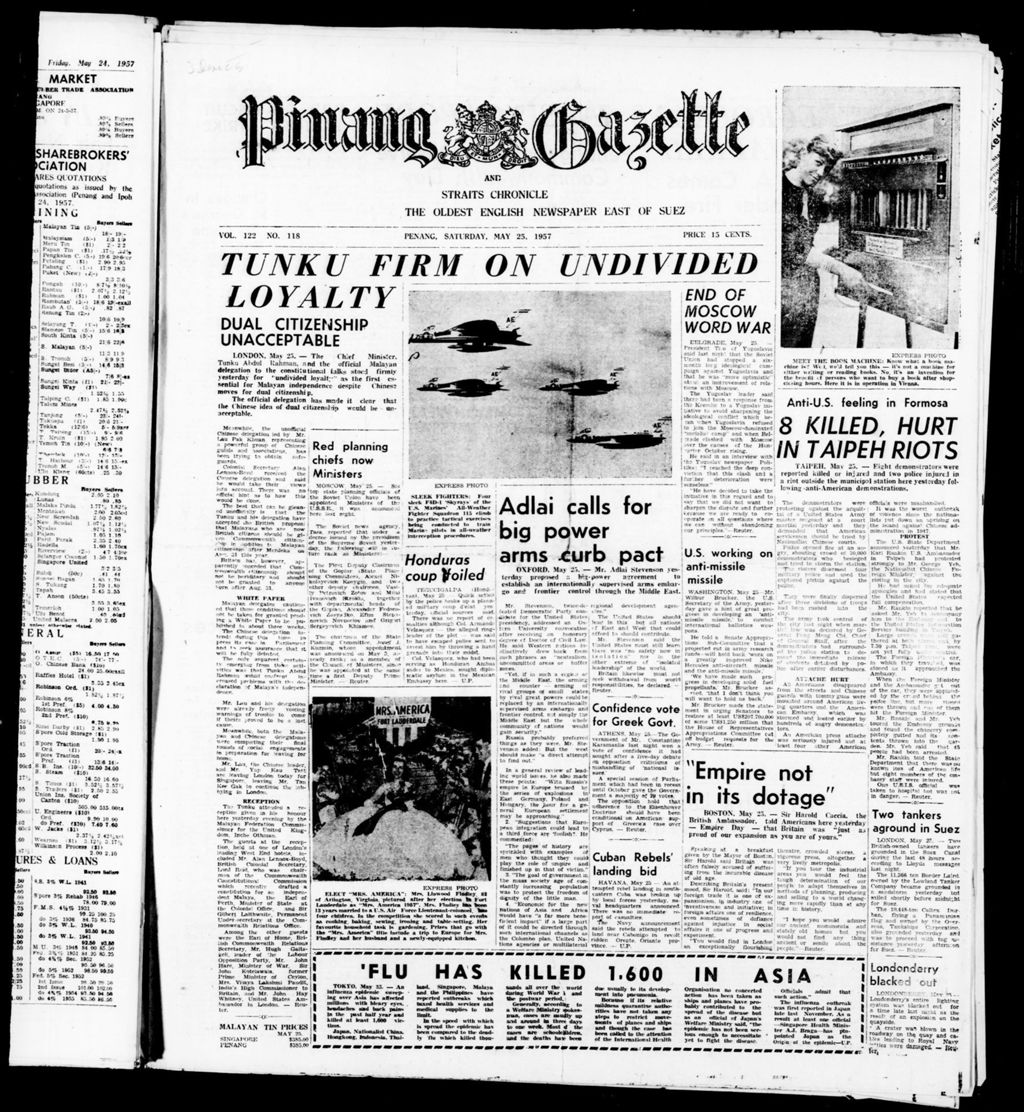 Miniature of Pinang Gazette and Straits Chronicle 25 May 1957