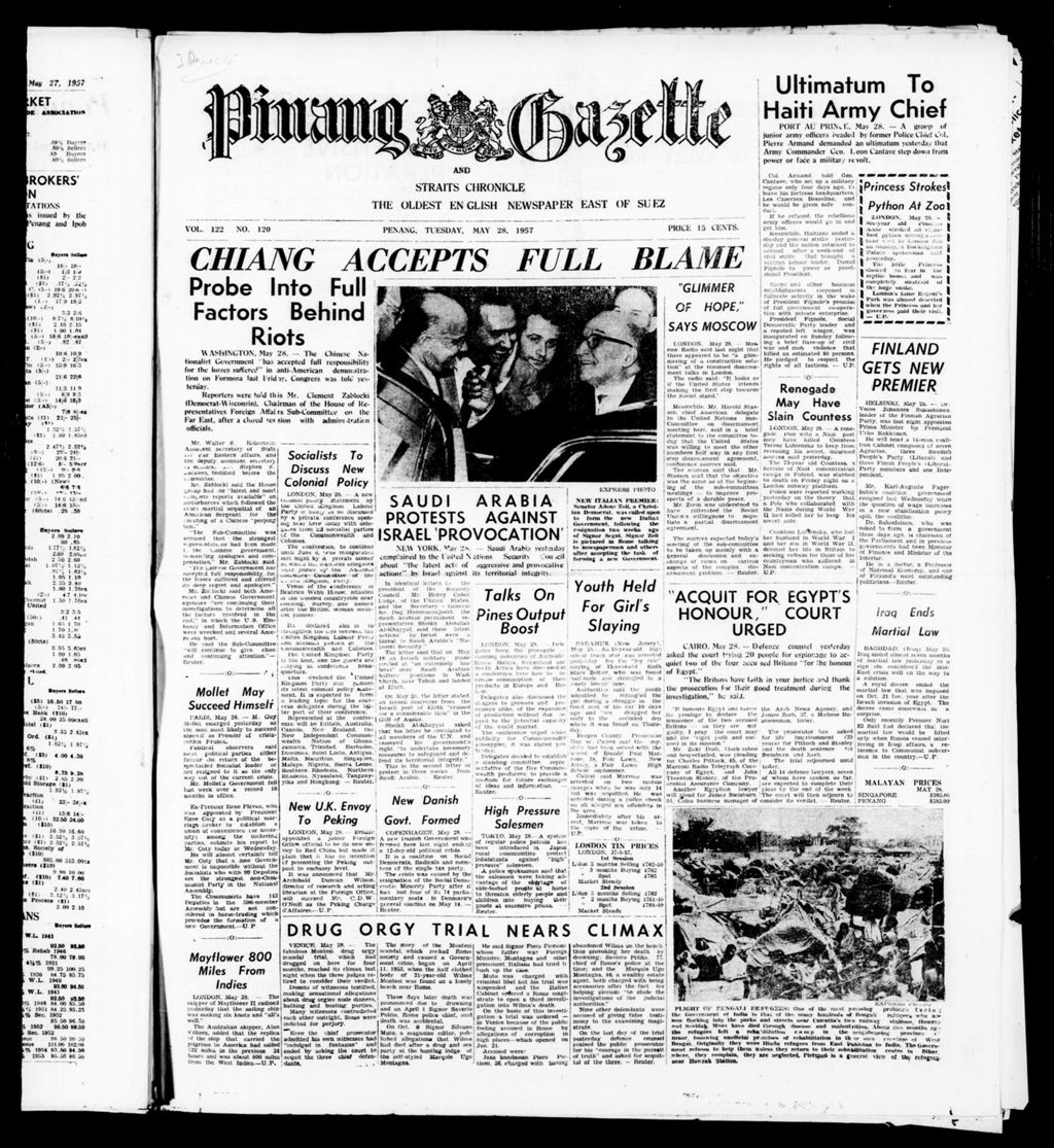 Miniature of Pinang Gazette and Straits Chronicle 28 May 1957