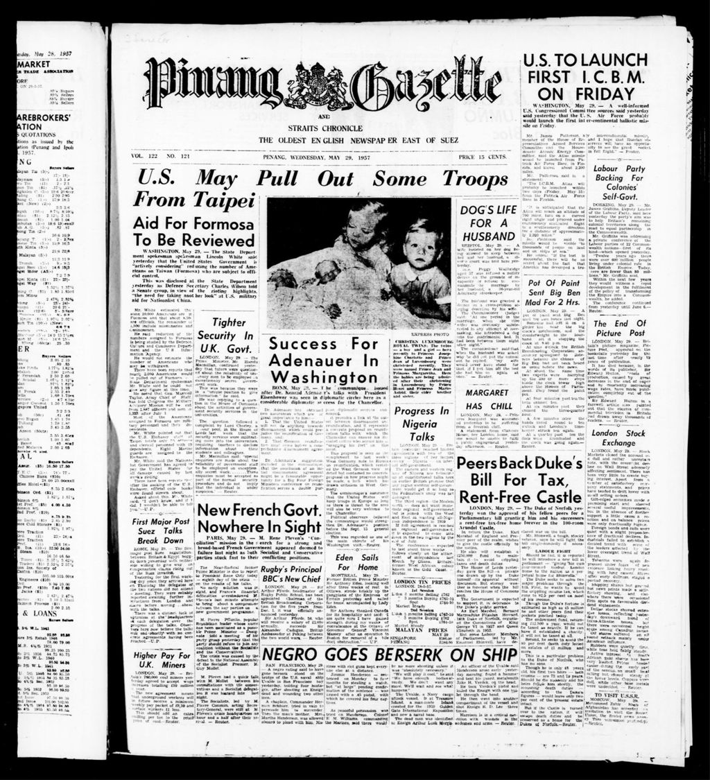 Miniature of Pinang Gazette and Straits Chronicle 29 May 1957