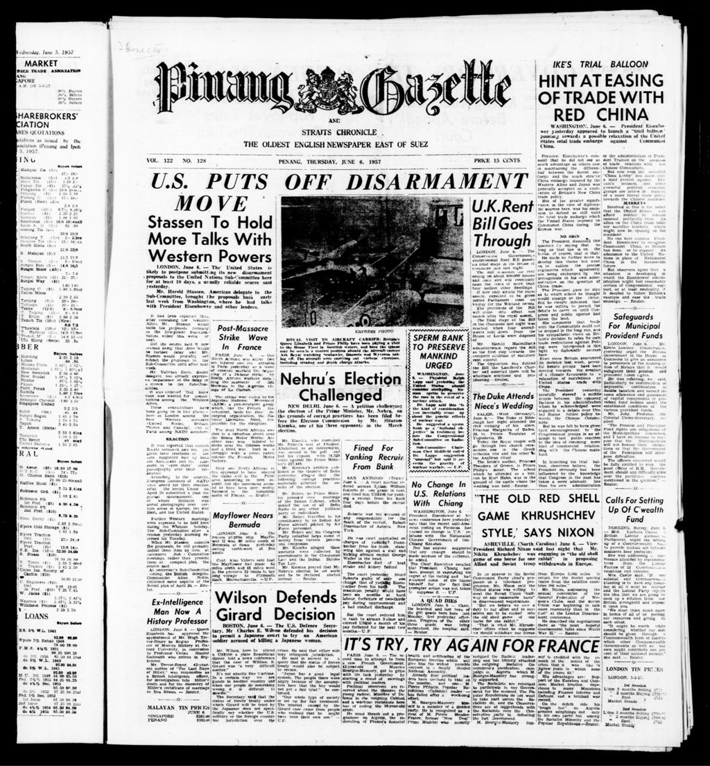 Miniature of Pinang Gazette and Straits Chronicle 06 June 1957