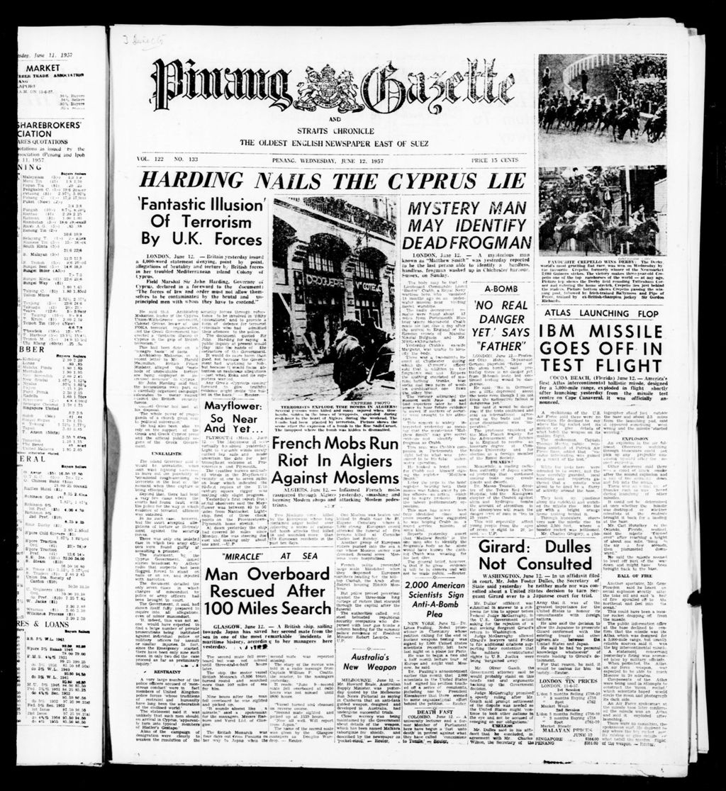 Miniature of Pinang Gazette and Straits Chronicle 12 June 1957