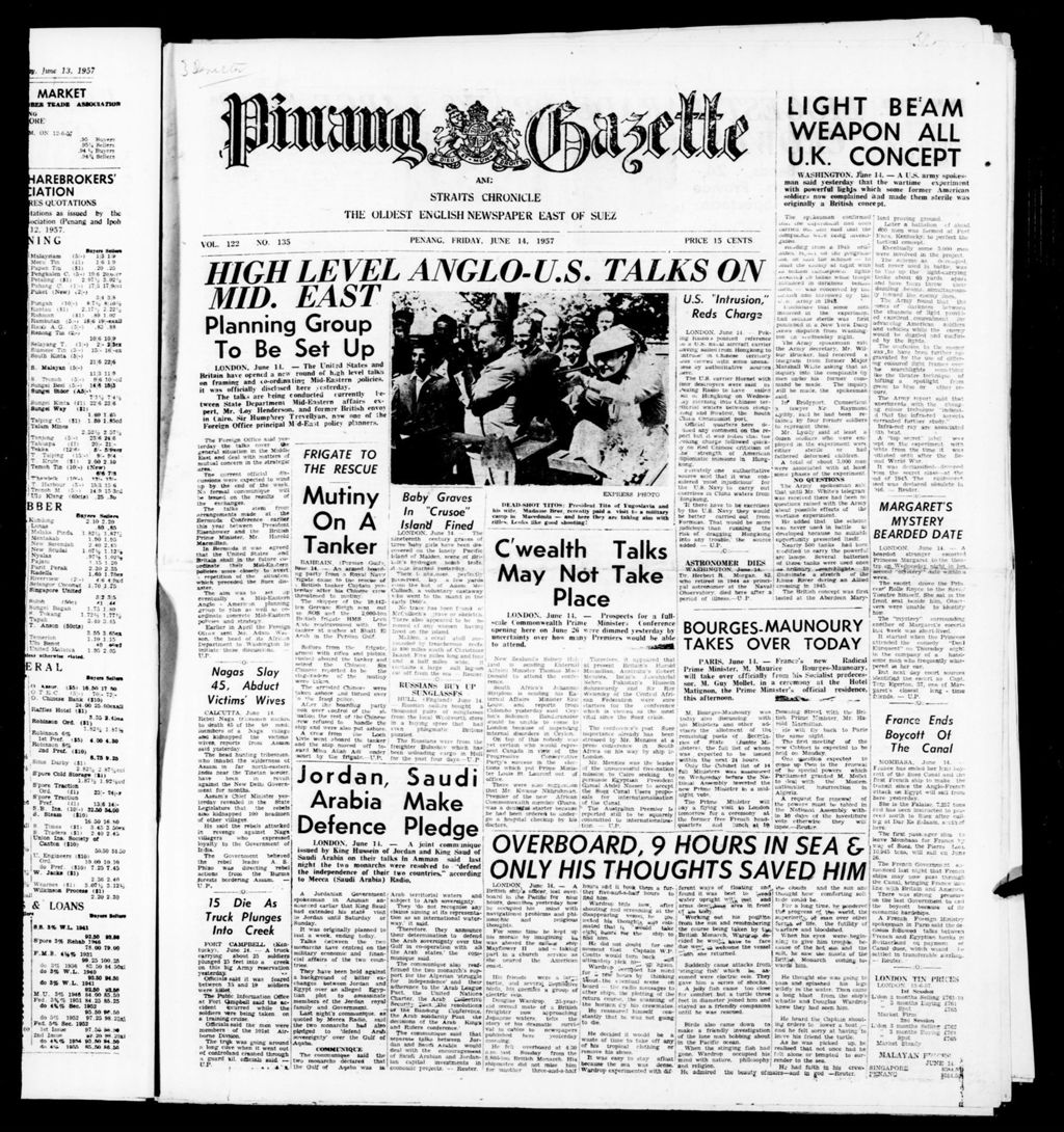 Miniature of Pinang Gazette and Straits Chronicle 14 June 1957