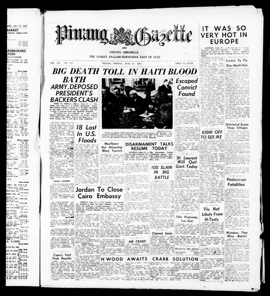 Miniature of Pinang Gazette and Straits Chronicle 17 June 1957