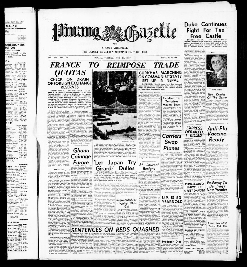 Miniature of Pinang Gazette and Straits Chronicle 18 June 1957