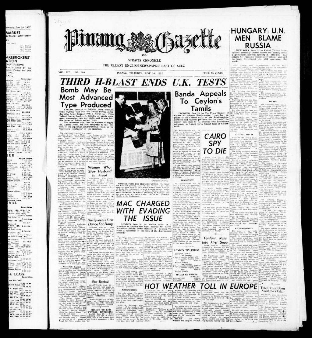 Miniature of Pinang Gazette and Straits Chronicle 20 June 1957