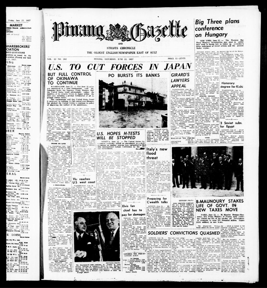 Miniature of Pinang Gazette and Straits Chronicle 22 June 1957