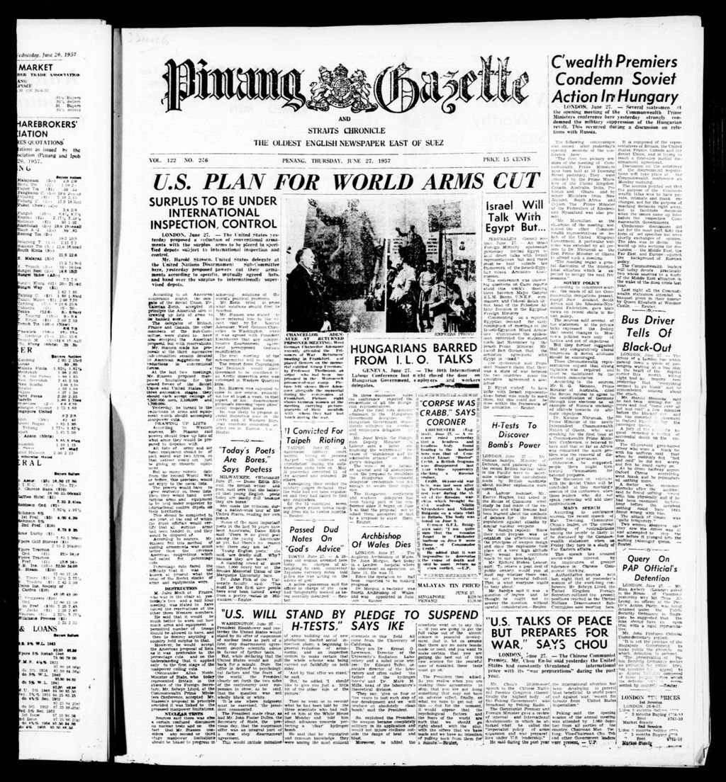 Miniature of Pinang Gazette and Straits Chronicle 27 June 1957