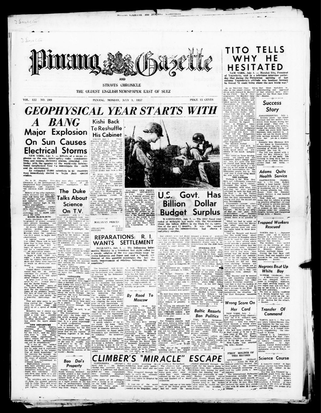 Miniature of Pinang Gazette and Straits Chronicle 01 July 1957