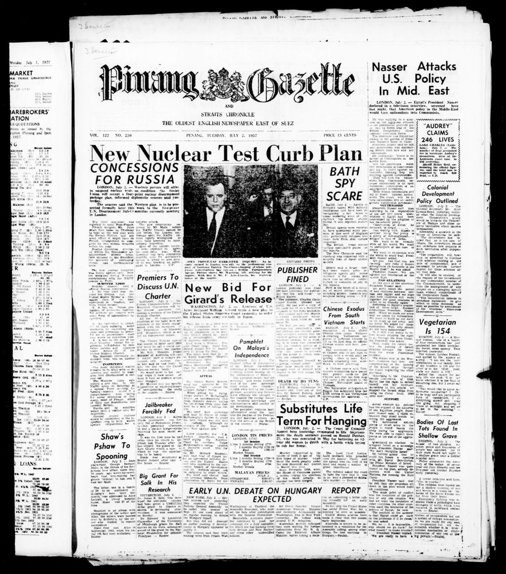 Miniature of Pinang Gazette and Straits Chronicle 02 July 1957