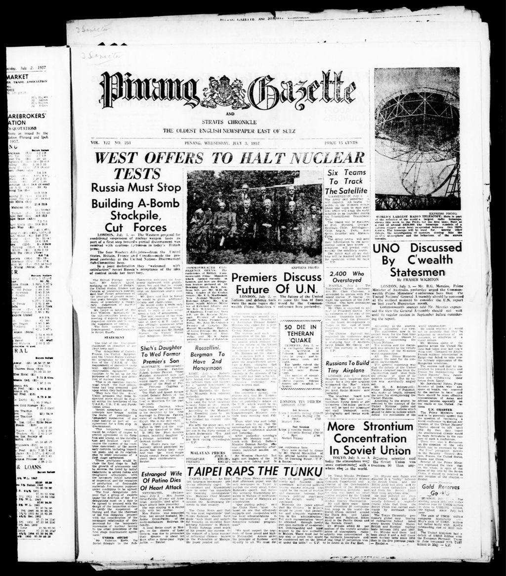 Miniature of Pinang Gazette and Straits Chronicle 03 July 1957