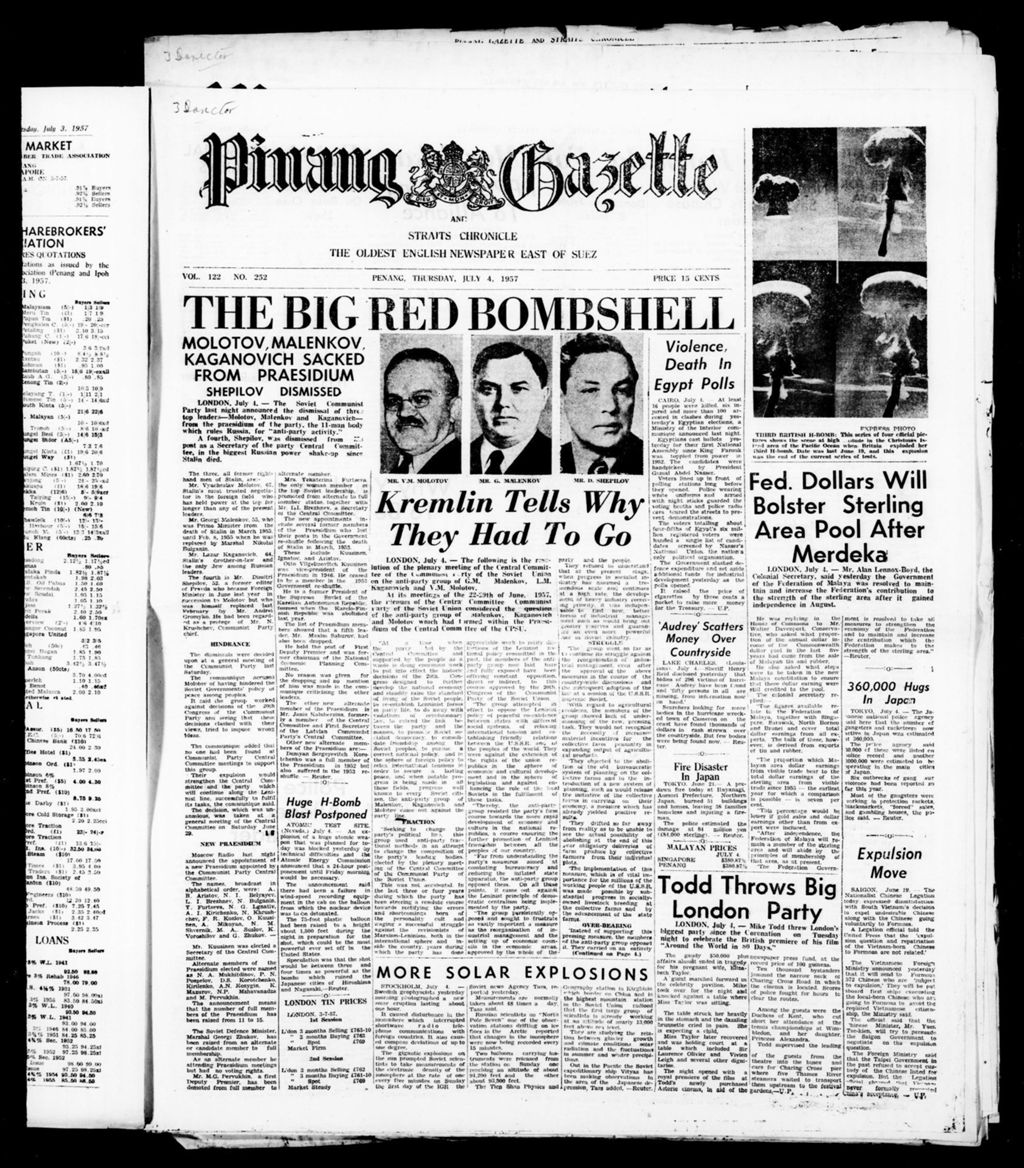 Miniature of Pinang Gazette and Straits Chronicle 04 July 1957