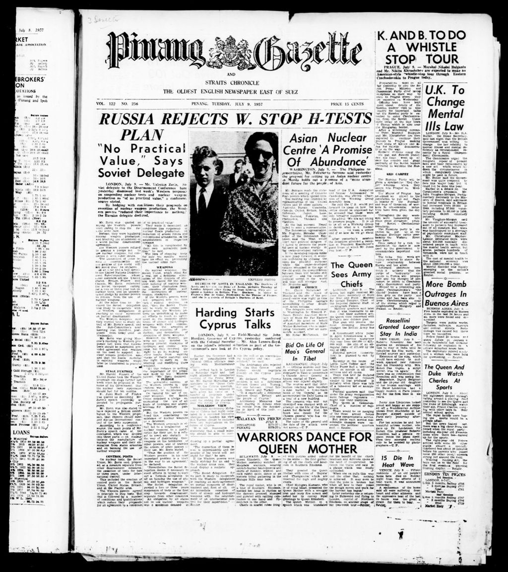 Miniature of Pinang Gazette and Straits Chronicle 09 July 1957