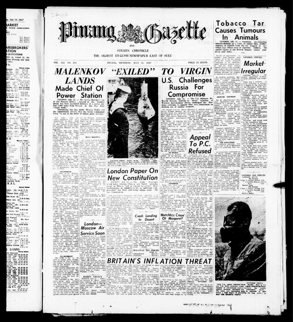 Miniature of Pinang Gazette and Straits Chronicle 11 July 1957