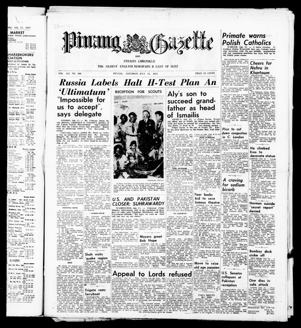 Miniature of Pinang Gazette and Straits Chronicle 13 July 1957