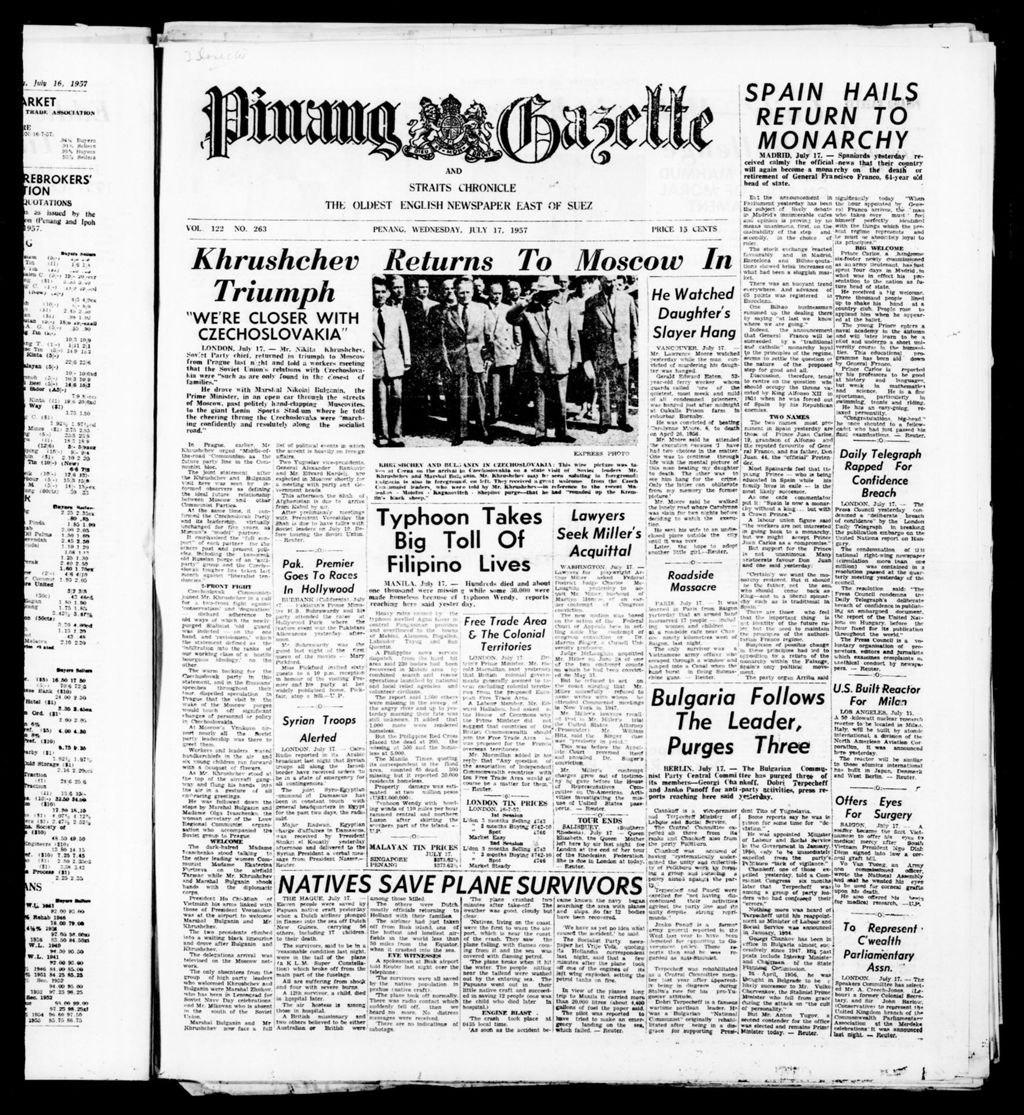 Miniature of Pinang Gazette and Straits Chronicle 17 July 1957