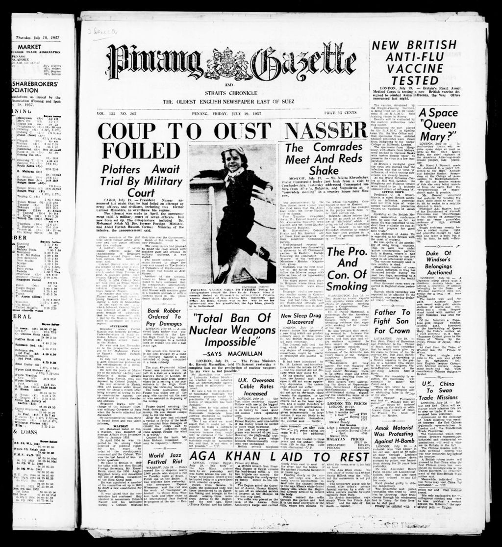 Miniature of Pinang Gazette and Straits Chronicle 19 July 1957