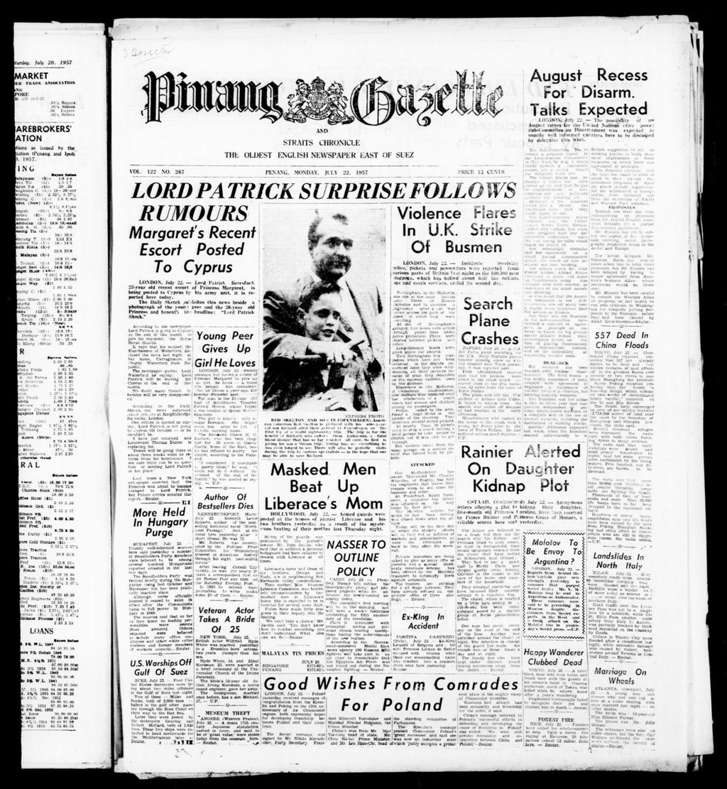 Miniature of Pinang Gazette and Straits Chronicle 22 July 1957