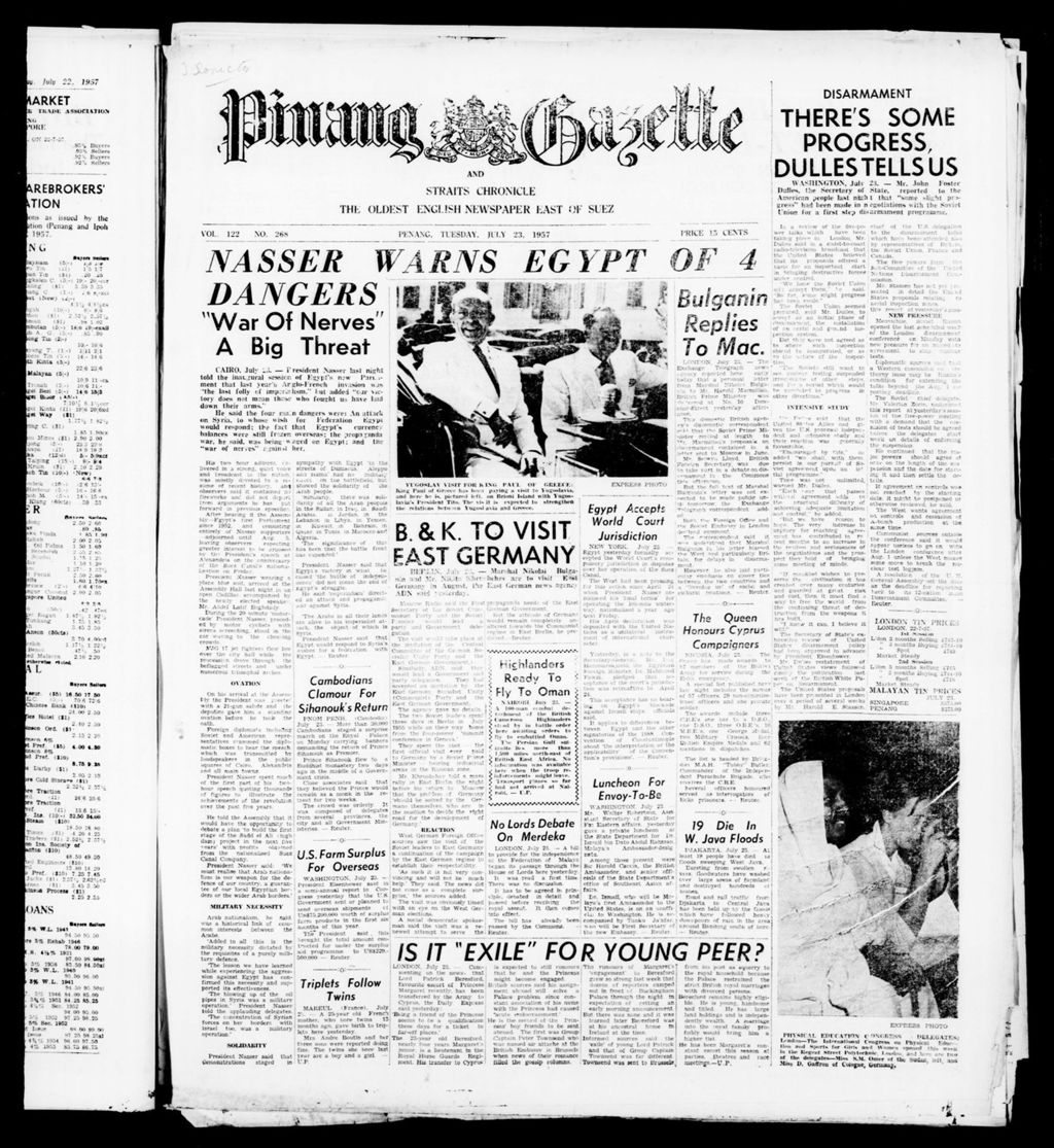 Miniature of Pinang Gazette and Straits Chronicle 23 July 1957