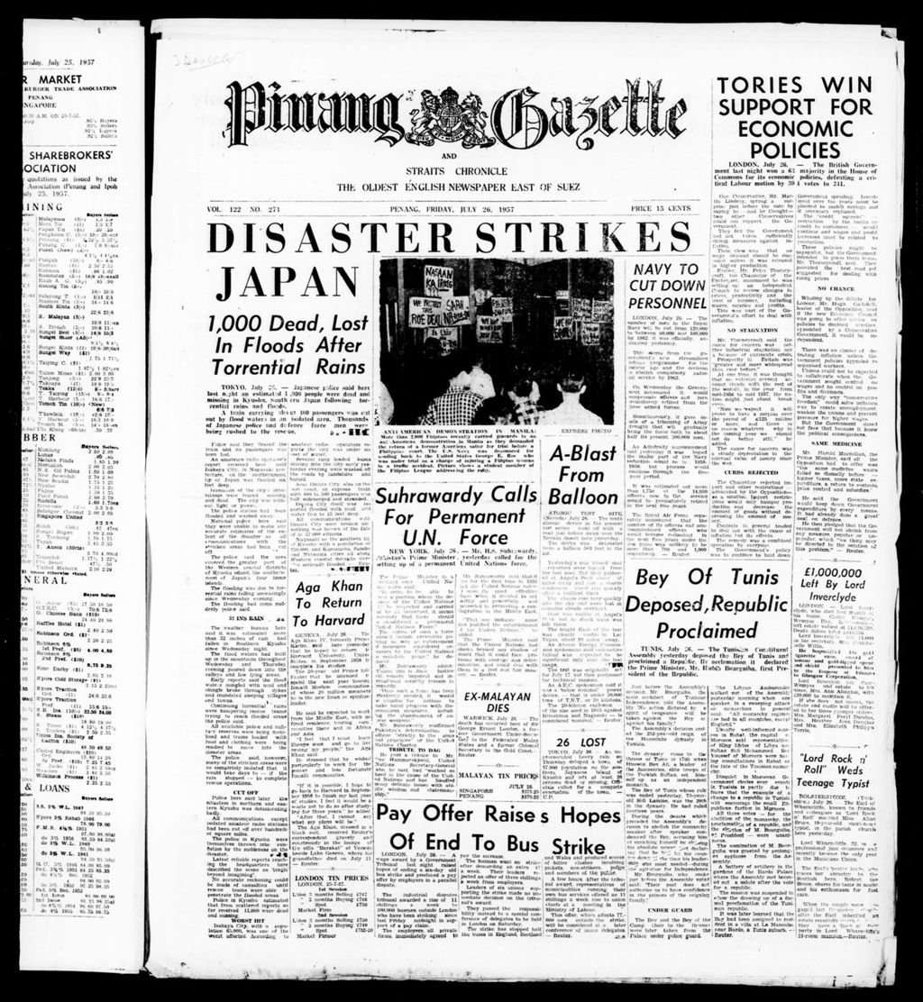 Miniature of Pinang Gazette and Straits Chronicle 26 July 1957